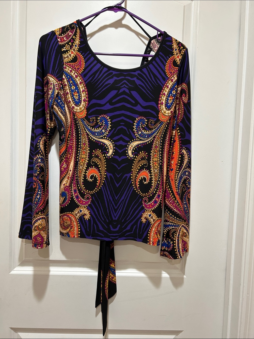Paisley Scroll Long-Sleeve Tie-Back Top in Purple